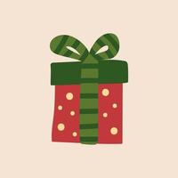 Polka dot gift box with ribbon and bow. Vector illustration of present with striped ribbon.