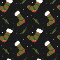 patrón sin costuras de navidad. calcetines de navidad con rama de abeto sobre fondo negro. diseño de temporada para envolver, embalar papel y cubrir. estampado navideño para la celebración de invierno. vector