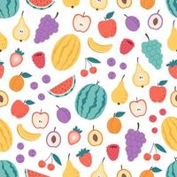 frutas y bayas de patrones sin fisuras. textura plana dibujada a mano para papel tapiz, textil, tela, papel. vector