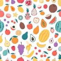 frutas y bayas de patrones sin fisuras. patrón sin costuras de frutas exóticas y tropicales. textura plana dibujada a mano para papel tapiz, textil, tela, papel vector