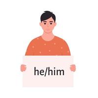 Young asian man holding sign with gender pronoun. She, he, they, non-binary. Gender-neutral movement. LGBTQ community vector