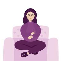 Young woman sitting and suffering from menstrual pain. Bellyache concept, premenstrual symptoms. vector