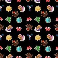 Seamless holiday pattern with gingerbread and bells vector