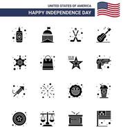 Set of 16 Modern Solid Glyphs pack on USA Independence Day police american american usa guiter Editable USA Day Vector Design Elements