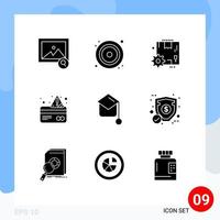 9 User Interface Solid Glyph Pack of modern Signs and Symbols of graduation hat education configuration payment card Editable Vector Design Elements