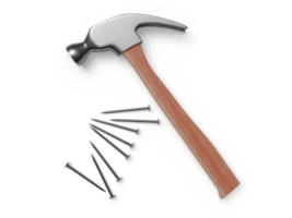 Hammer and nails on white surface. 3D rendering. png
