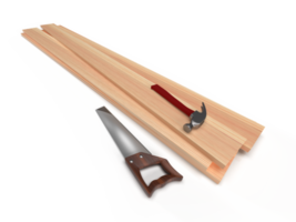 Wooden boards, hacksaw and hammer, 3D rendering png