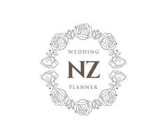 colección de logotipos de monograma de boda con letras iniciales de nz, plantillas florales y minimalistas modernas dibujadas a mano para tarjetas de invitación, guardar la fecha, identidad elegante para restaurante, boutique, café en vector