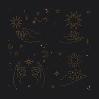 Astral stars linear icons. Mystic symbols, hands, planets, suns and moons. vector