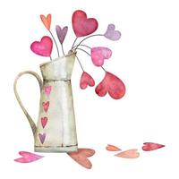 Watercolor hand drawn composition, bouquet of red and purple hearts in jug for Valentine's day. Isolated on white background. Design for paper, love, greeting cards, textile, print, wallpaper, wedding vector