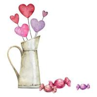 Watercolor hand drawn composition, bouquet of hearts in jug and bonbons for Valentine's day. Isolated on white background. Design for paper, love, greeting cards, textile, print, wallpaper, wedding vector