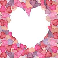 marco en forma de corazón dibujado a mano con acuarela de corazones rojos, morados, rosas y escarlatas para el día de san valentín. aislado sobre fondo blanco. diseño para tarjetas de papel, amor y felicitación, textil, impresión, boda vector