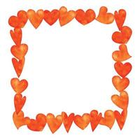 Watercolor hand drawn square frame of red and orange hearts for Valentine's day. Isolated on white background. Design for paper, love, greeting cards, textile, print, wallpaper, wedding vector