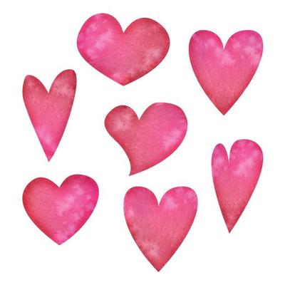 Watercolor hand drawn set of objects, textured red, pink hearts for Valentine's day. Isolated on white background. Design for paper, love, greeting cards, textile, print, wallpaper, wedding