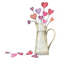 Watercolor hand drawn composition, bouquet of red and purple hearts in jug for Valentine's day. Isolated on white background. Design for paper, love, greeting cards, textile, print, wallpaper, wedding vector