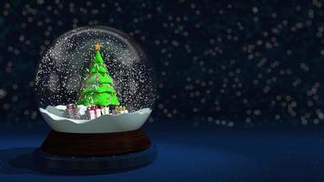 Christmas tree decorated with light bulbs and candy canes surrounded by gift boxes on a field of snow with particles falling into a glass ball against a blue defocused background. 3d Animation video