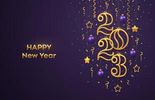 Happy New 2023 Year. Hanging Golden metallic numbers 2023 with shining 3D metallic stars, balls and confetti on purple background. New Year greeting card banner template. Realistic Vector illustration