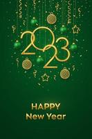 Happy New 2023 Year. Hanging Golden metallic numbers 2023 with shining 3D metallic stars, balls, confetti on green background. New Year greeting card, banner template. Realistic Vector illustration.