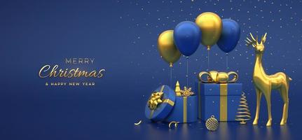 Christmas banner. Composition from gift boxes with golden bow gold deer, metallic pine, spruce trees, festive helium balloons. New Year trees, balls. Xmas background, header. Vector 3D illustration.