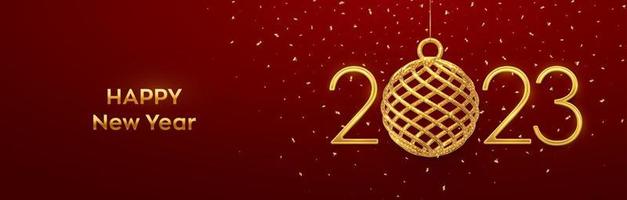 Happy New 2023 Year. Hanging Golden metallic numbers 2023 with shining 3D gold ball bauble and confetti on red background. New Year greeting card, banner, header template. Vector illustration.