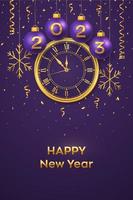 Happy New Year 2023. Hanging purple Christmas bauble balls with realistic gold 3d numbers 2023 and snowflakes. Watch with Roman numeral and countdown midnight eve for New Year. Merry Christmas. Vector