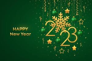 Happy New 2023 Year. Hanging Golden metallic numbers 2023 with shining snowflake and confetti on green background. New Year greeting card or banner template. Holiday decoration. Vector illustration.