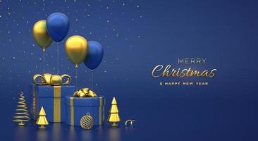 Gift boxes with gold bow, golden metallic pine or fir cone shape spruce trees, snowflake, ball, festive helium balloons, confetti on blue background. Merry christmas card, banner. Vector illustration.