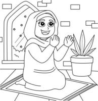 Ramadan Muslim Girl Praying Coloring Page for Kids vector