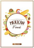 Mexican food flyer A4 with tacos, burritos, tamales, quesadilla, empanadas, elotes and nachos. Banner healthy food, cooking, menu, food concept. vector