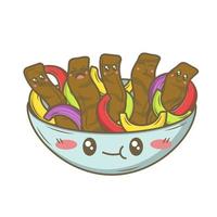 Kawaii cartoon plato mexicano fajitas carne con verduras aislado sobre fondo blanco. vector