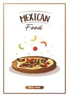 A4 flyer with mexican food fajita fried meat with vegetables. Banner healthy food, cooking, menu, food concept. vector