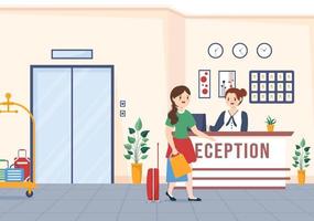 Hotel Reception Interior with Receptionist People and Travelers for Booking in Flat Cartoon Hand Drawn Template Illustration vector