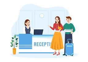 Hotel Reception Interior with Receptionist People and Travelers for Booking in Flat Cartoon Hand Drawn Template Illustration vector