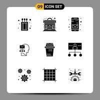 Set of 9 Commercial Solid Glyphs pack for trash equipment message bin mind Editable Vector Design Elements