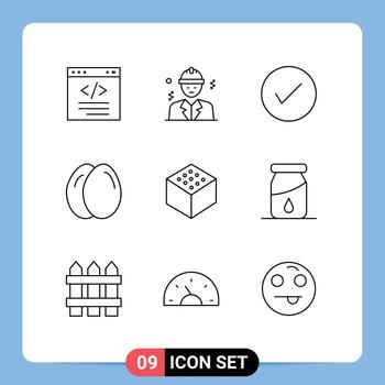 Pack of 9 Modern Outlines Signs and Symbols for Web Print Media such as cube egg construction chicken okay Editable Vector Design Elements