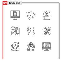 Outline Pack of 9 Universal Symbols of cloud cresent trophy moon close Editable Vector Design Elements