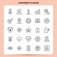 OutLine 25 Achievements Badges Icon set Vector Line Style Design Black Icons Set Linear pictogram pack Web and Mobile Business ideas design Vector Illustration