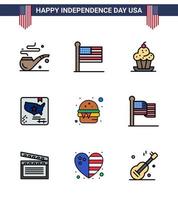 conjunto de 9 líneas planas vectoriales rellenas el 4 de julio, día de la independencia de estados unidos, como el mapa de postres del mundo rápido, elementos de diseño vectorial del día de estados unidos editables en estados unidos vector