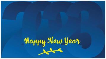 Happy new year 2023 greeting on a blue background with a gradient silhouette of the light blue colors that make up 2023. Isolated in blue background and color gradient font. Celebration poster, vector