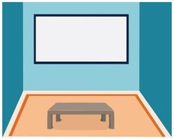 Classroom background with soft and calm blue walls. Against one wall is a large blackboard and a table on a soft and comfortable rug. Presents a comfortable feel in learning vector
