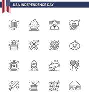 Set of 16 Vector Lines on 4th July USA Independence Day such as packages bag man usa heart Editable USA Day Vector Design Elements