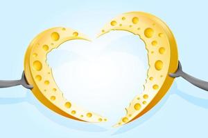 Cheese heart pieces in mouse's hands. Valentine's day concept vector