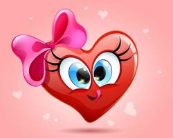 Funny heart girl with crossed eyes with red bow, licking lips on light red background vector