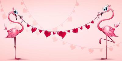 Flamingo Couple with hearts garland stretch vector