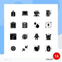 grupo de 16 signos y símbolos de glifos sólidos para pasaporte de viaje portapapeles de texto de café elementos de diseño vectorial editables vector