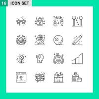 User Interface Pack of 16 Basic Outlines of world green exercise earth fork Editable Vector Design Elements