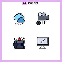 Filledline Flat Color Pack of 4 Universal Symbols of snow apple camera book monitor Editable Vector Design Elements