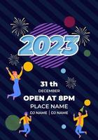 Plantilla de diseño plano de fiesta divertida año nuevo 2023 con detalles de hora y lugar vector