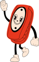 Old Flip Phone. Cute cartoon character with hands, legs, eyes. Retro comic style. Hand drawn isolated PNG illustration. Print, logo template