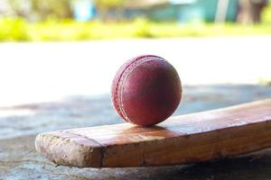 Cricket ball and cricket bat placed on cement floor with grass background. Soft and selective focus. photo